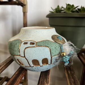 Southwestern‎ Art Pottery Candle Vase Mexico Teal Speckled Ceramica